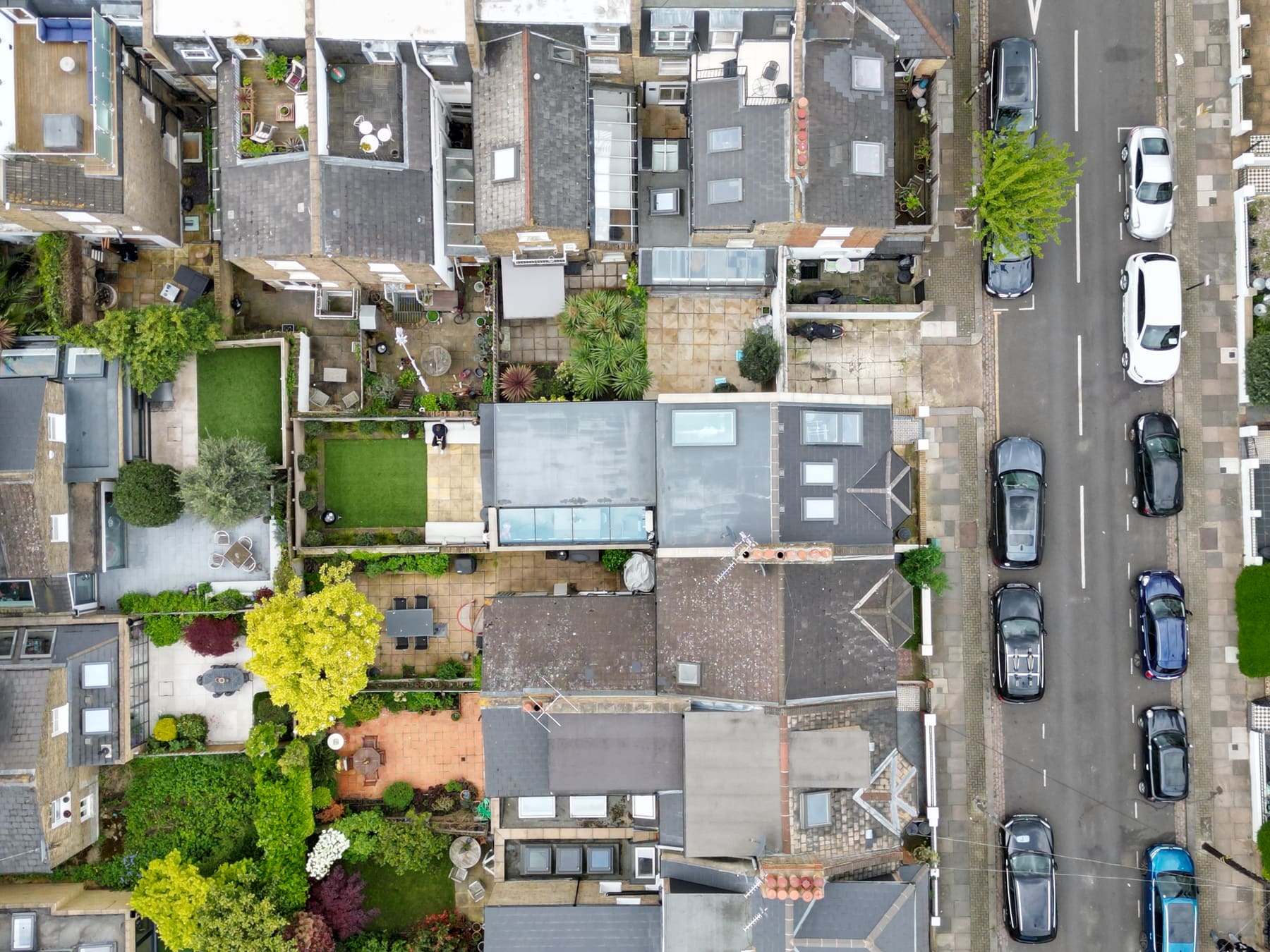 Aerial view of a Battersea terrace with a rear dormer loft extension under construction