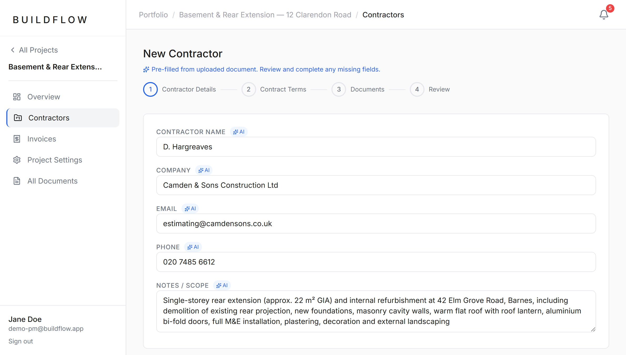 New contractor form pre-filled by AI from an uploaded quote document