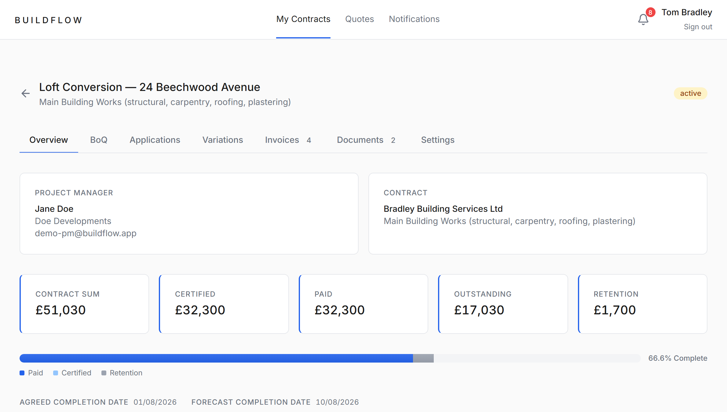Contractor portal contract overview with certified, paid, and retention figures