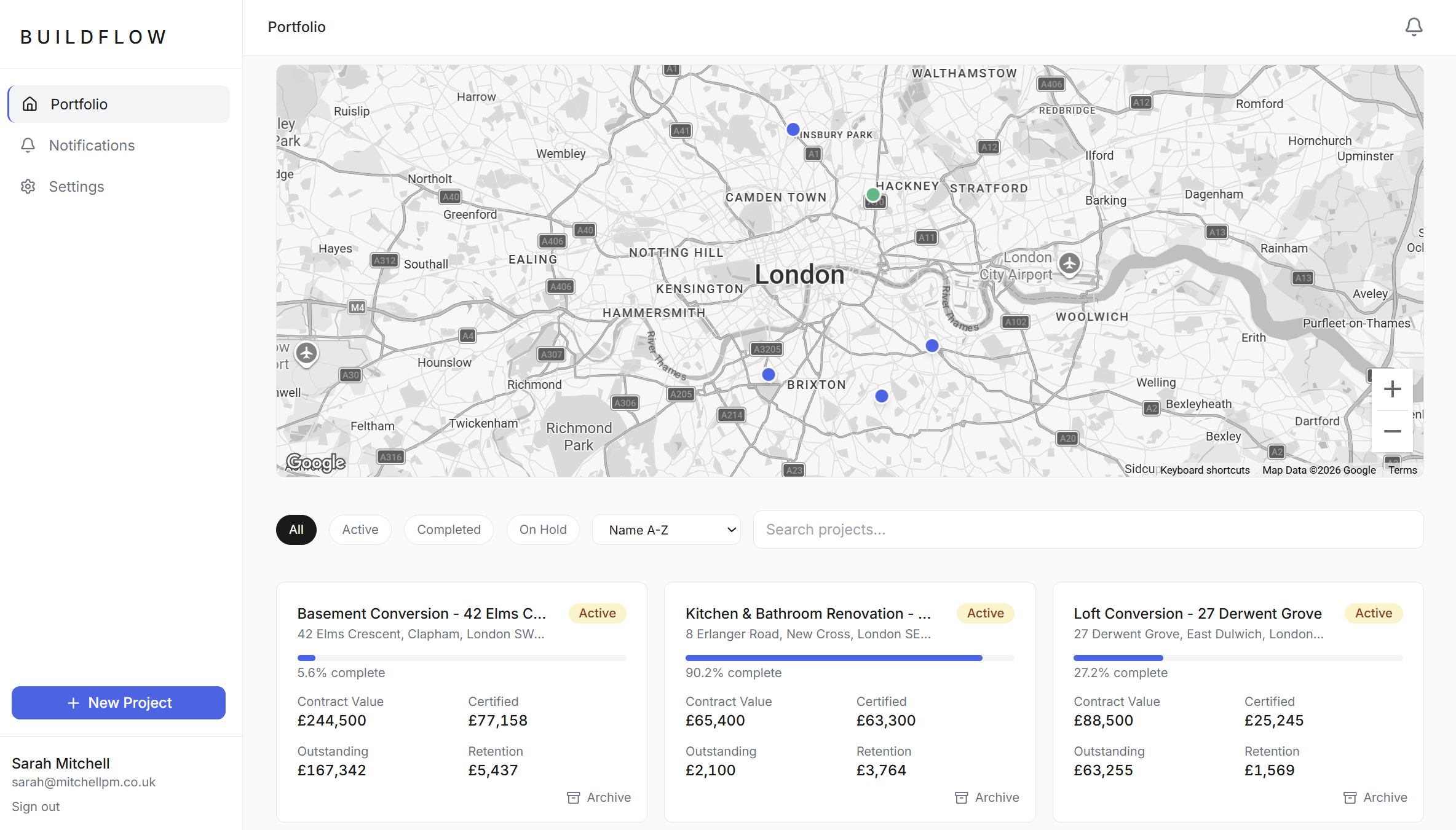 Portfolio dashboard with map and project cards