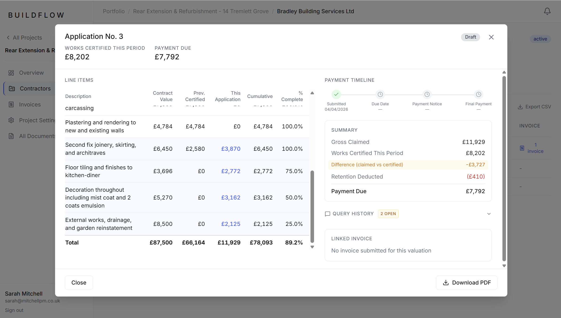 Valuation review screen with claimed versus certified comparison